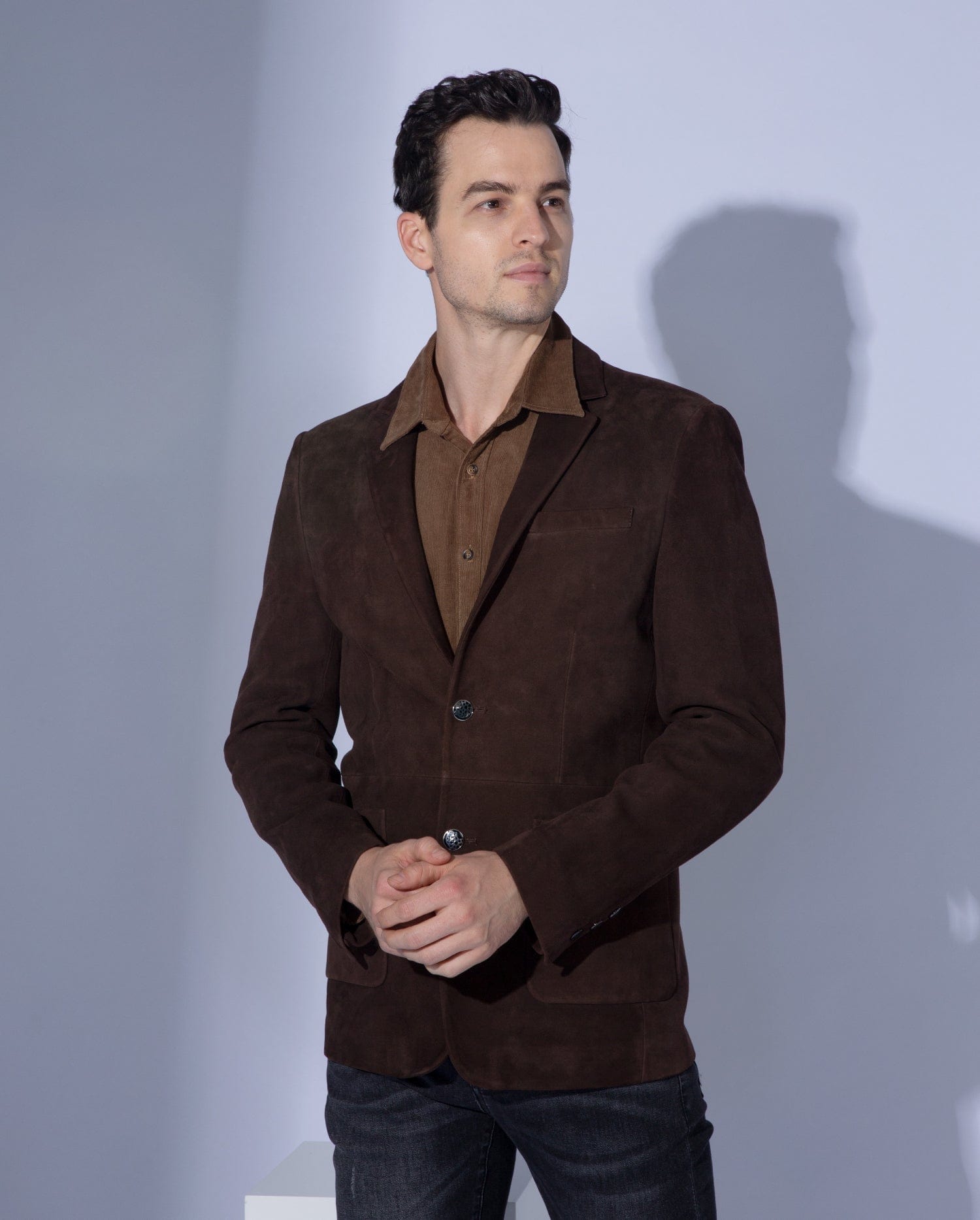 Classic 2-Button Suede Leather Blazer Brown