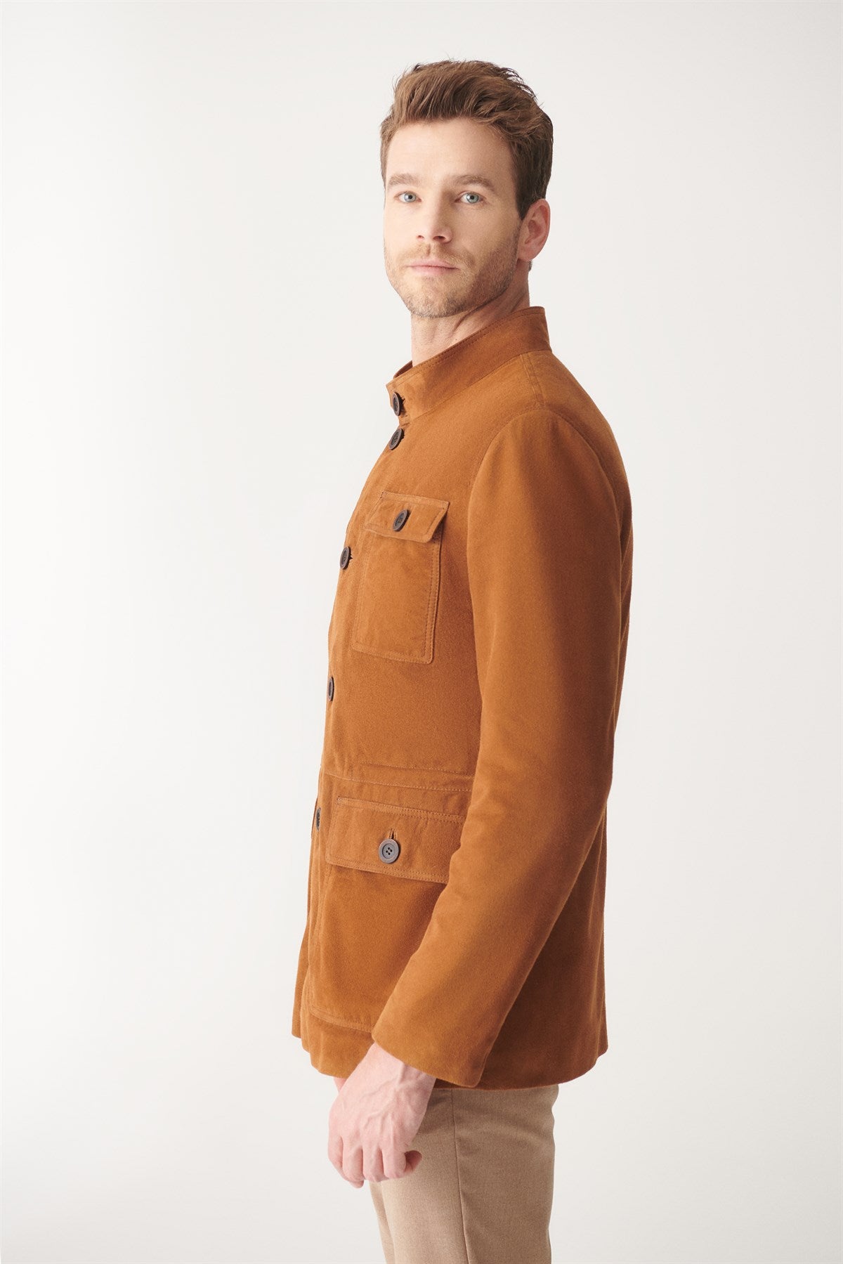 Men’s Tan Brown Suede Leather Trucker Coat - Kualited