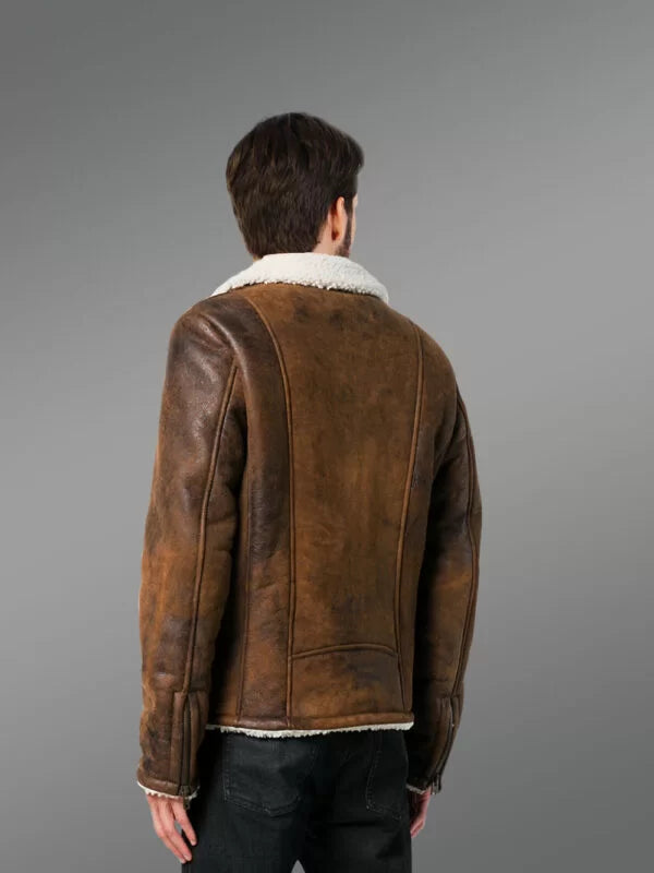 Vintage Rub Off Finish Brown Shearling Jacket For Men