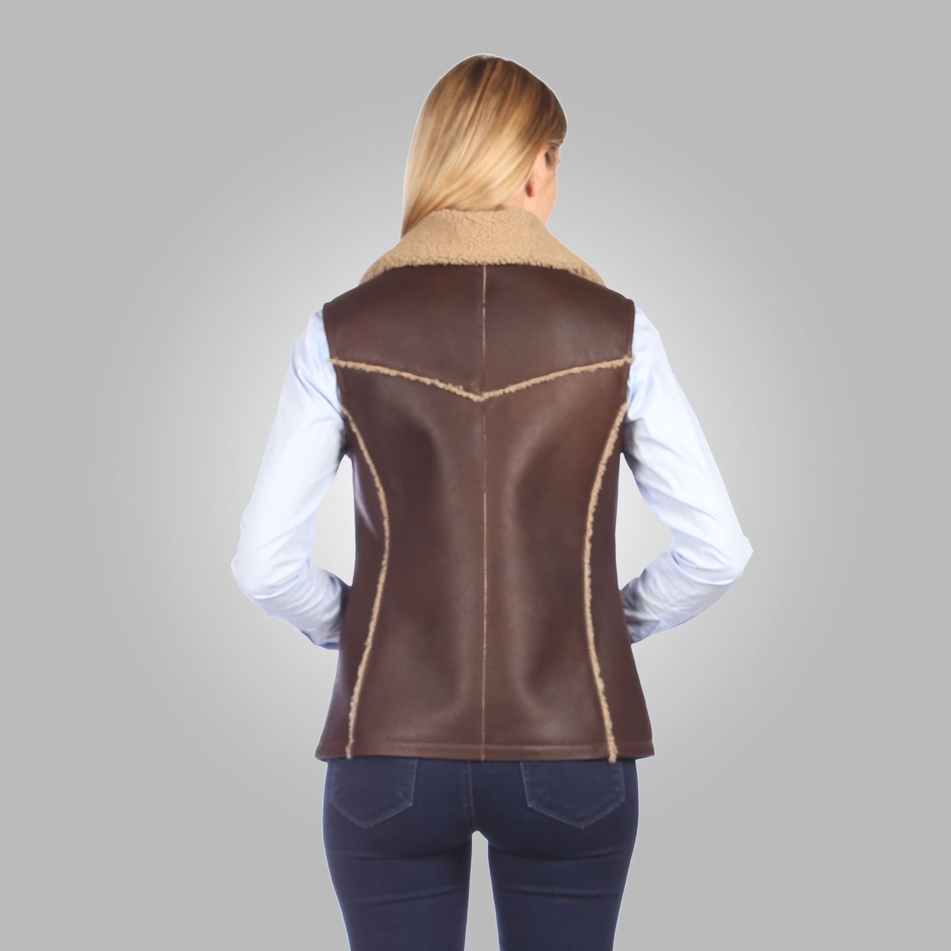 Women's Shearling Leather Biker Vest In Brown