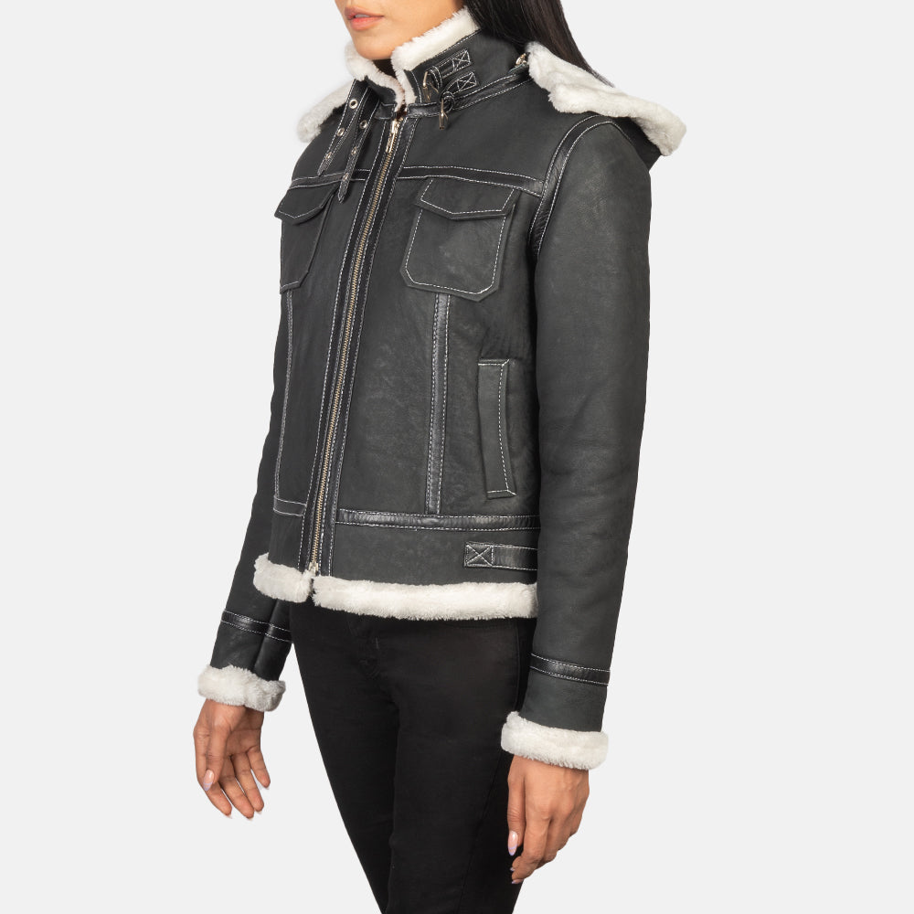 Fiona Black Hooded Shearling Leather Jacket