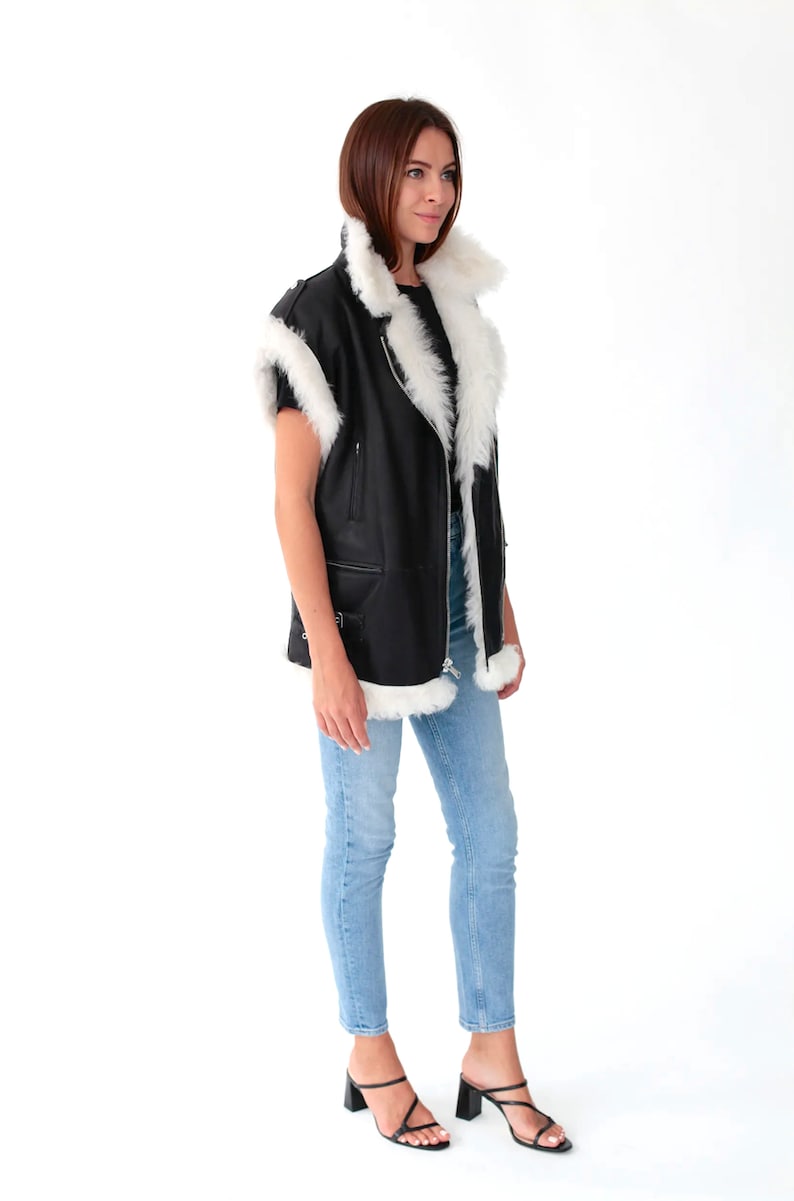 Black and White Shearling Vest with Leather Finish