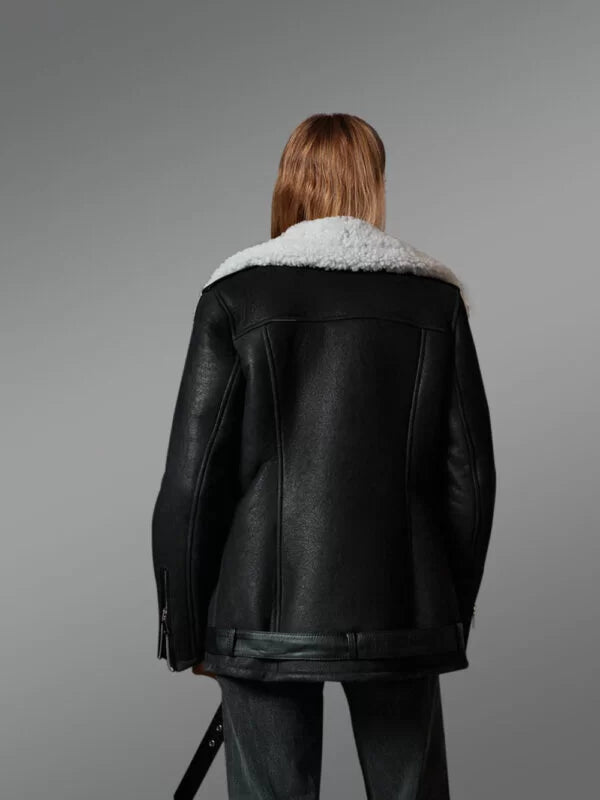 Black Sheepskin Shearling Jacket with White Wool Detailing