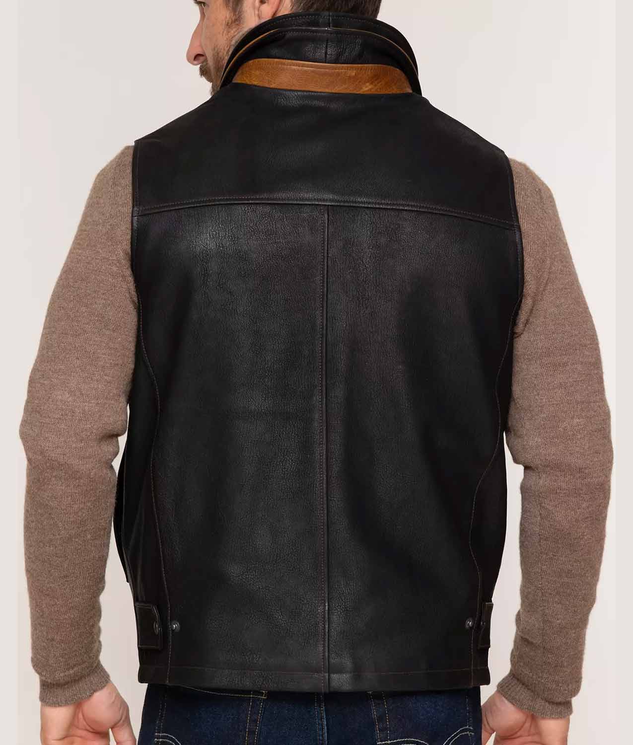 Men’s Black Leather Vest Removable Shearling Collar - Kualited