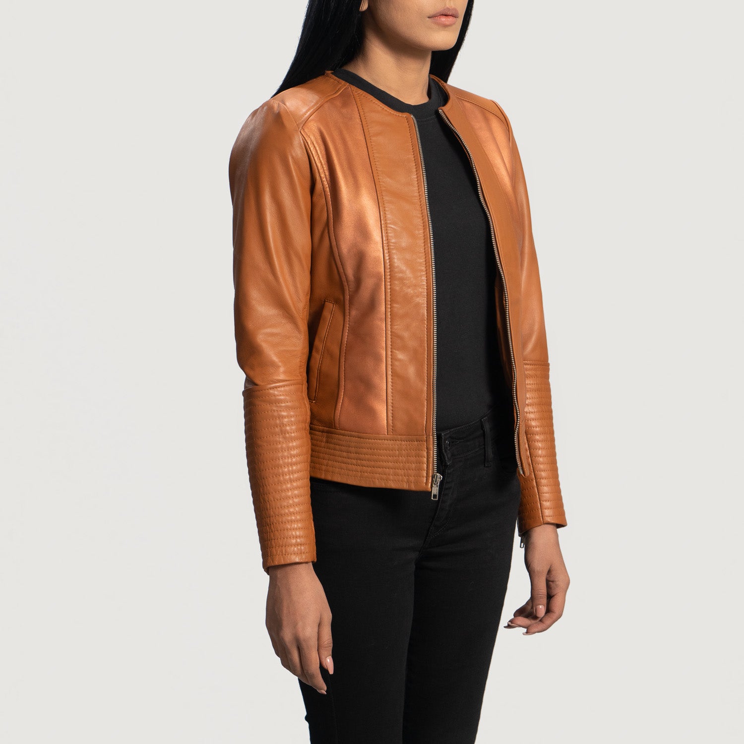 Sleeky Clean Tan Leather Biker Jacket - Kualited