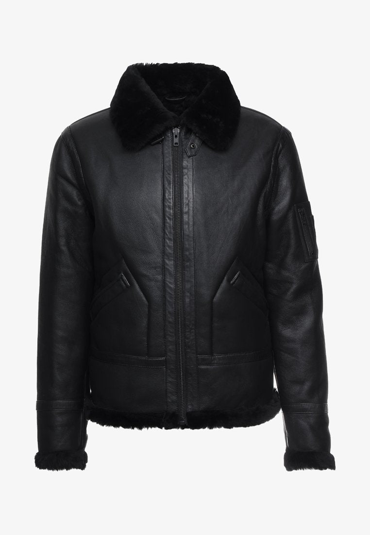 Men’s Aviator Black Leather Shearling Jacket - Kualited