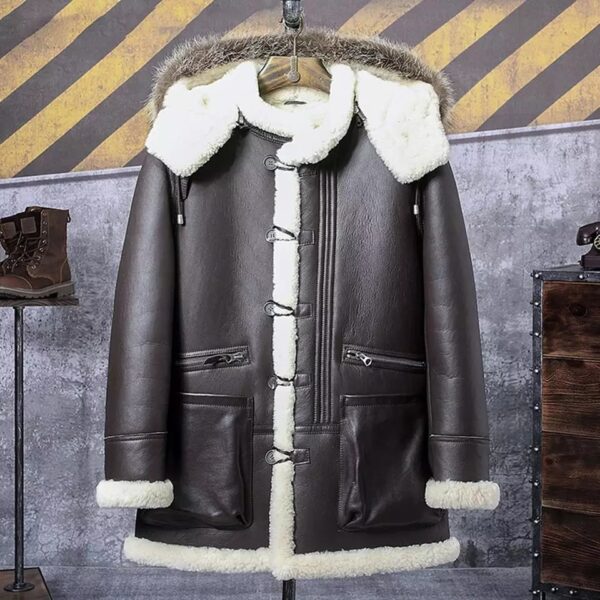 Men’s Black Leather White Shearling Removable Hooded Long Coat - Kualited