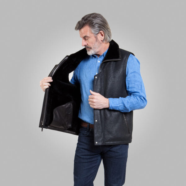 Men’s Black Leather Shearling Vest