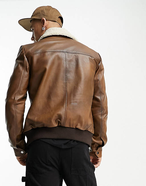 Muubaa vintage finish leather bomber with faux shearling collar in brown