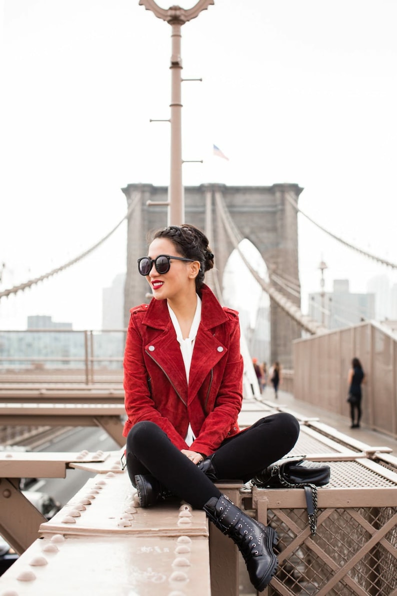 Ladies Red Biker Suede Leather Jacket