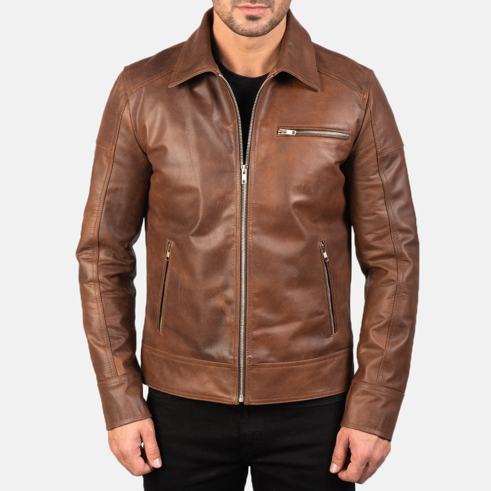 Lavendard Brown Leather Biker Jacket - Kualited