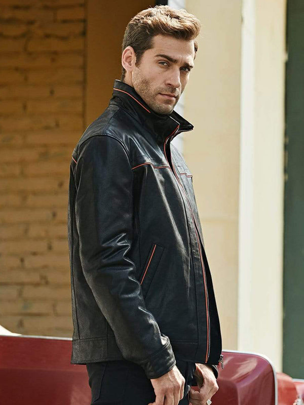 Men’s Black Leather Jacket With Red Stripes