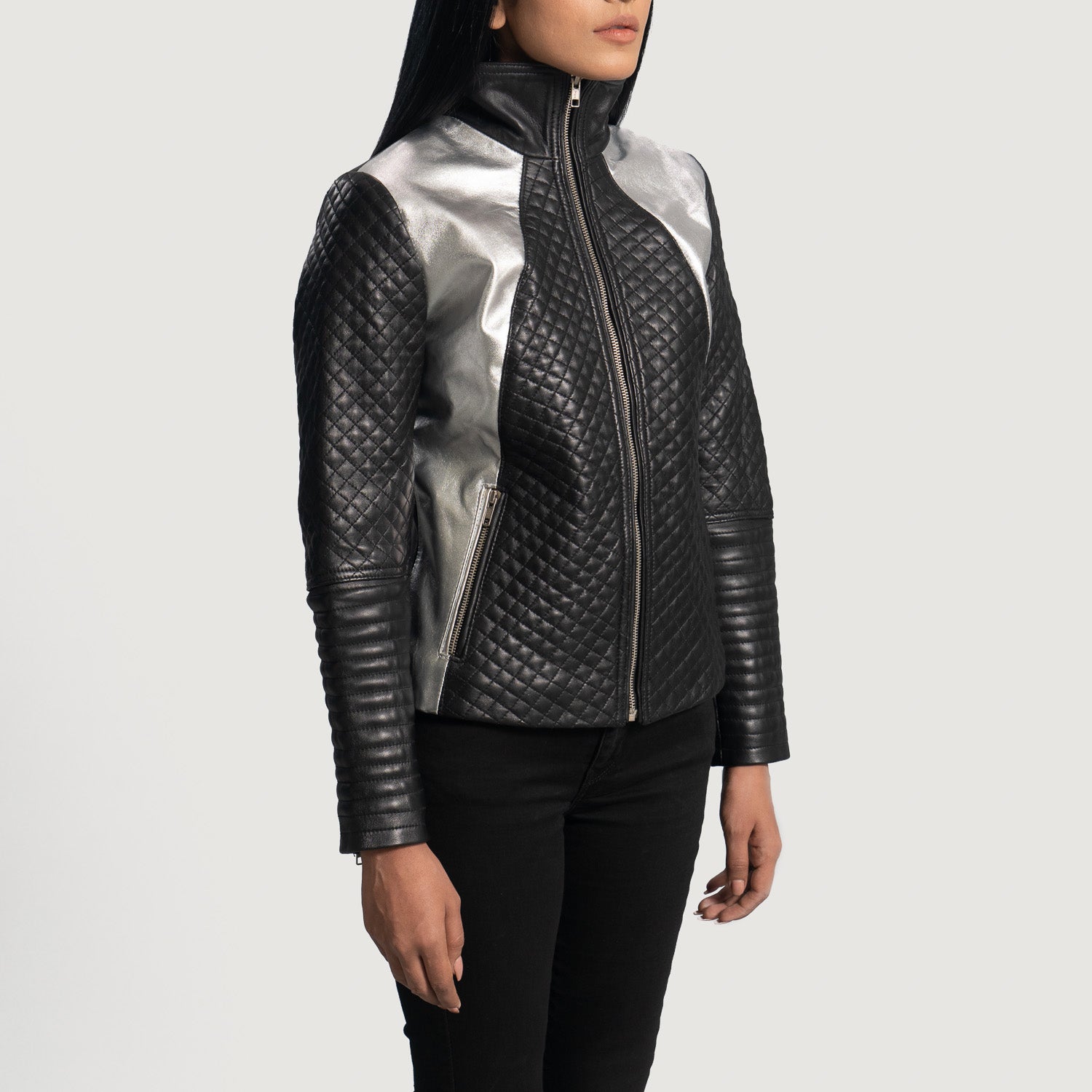 Alia Metallic Black Leather Biker Jacket