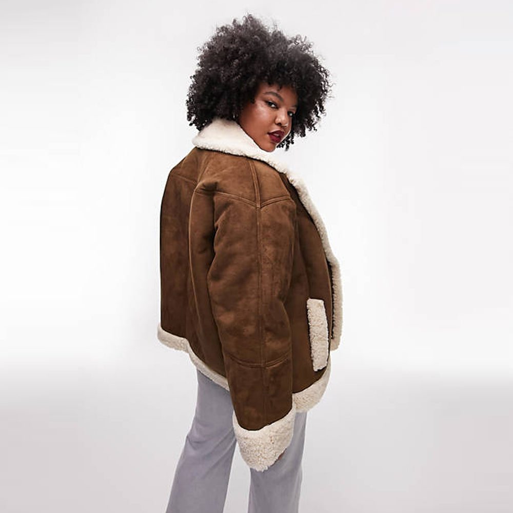 Handmade Real Genuine Leather Curve shearling car coat in chocolate