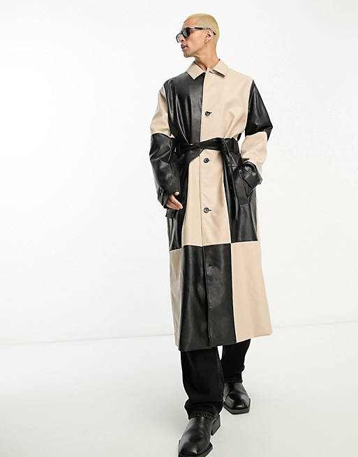 LEATHER LOOK CUT AND SEW TRENCH COAT IN BLACK AND WHITE