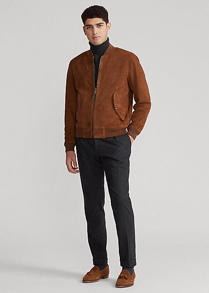 Men’s Tan Brown Suede Leather Bomber Jacket - Kualited