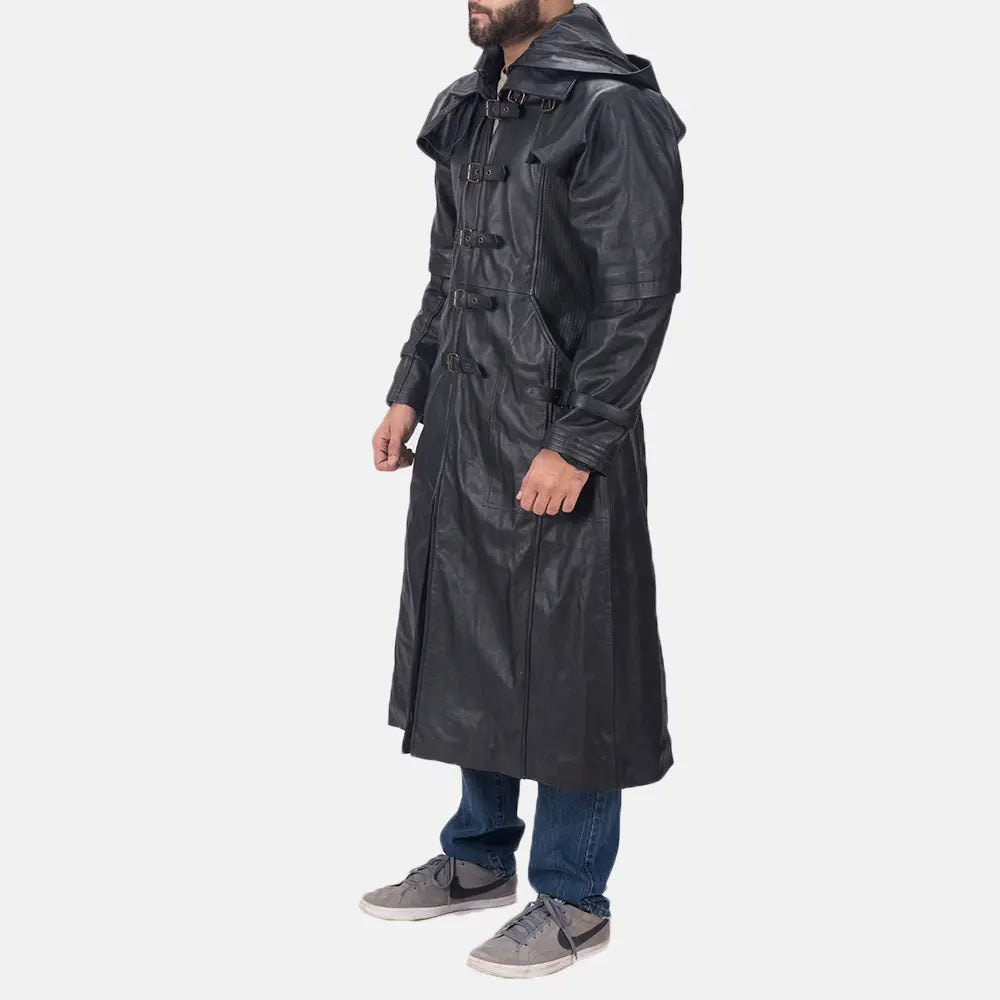 Huntsman Black Hooded Leather Trench Coat