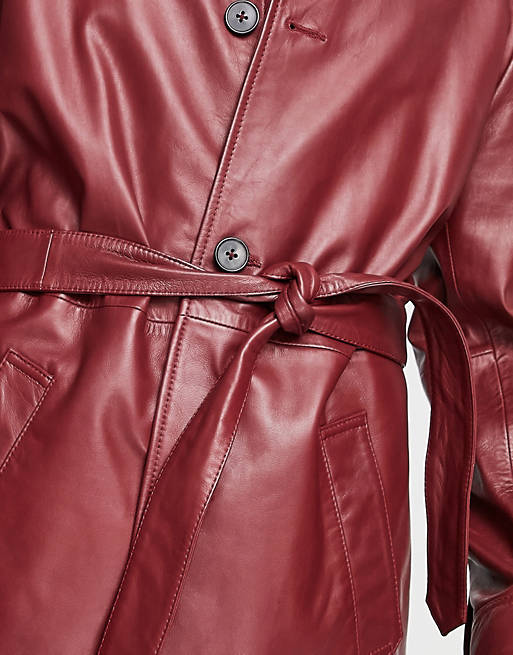 REAL LEATHER TRENCH COAT IN BURGUNDY