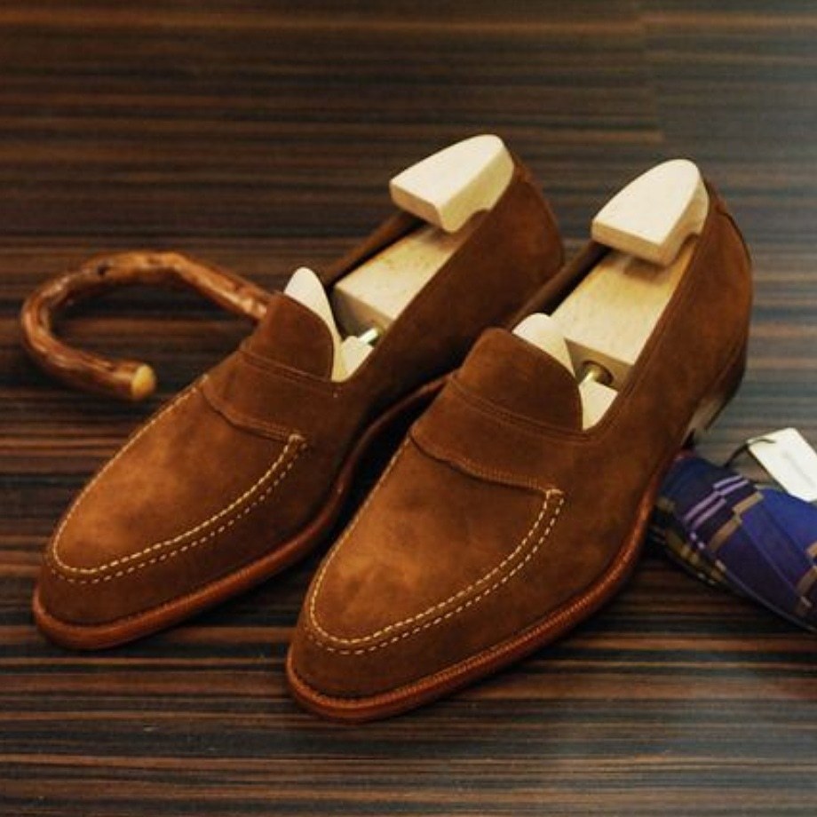 Brown Color Suede Leather Rounded Toe Loafer Slip Ons Handmade Party Wear Shoes