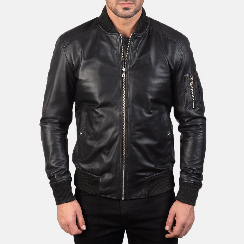 Bomia Ma-1 Black Leather Bomber Jacket - Kualited