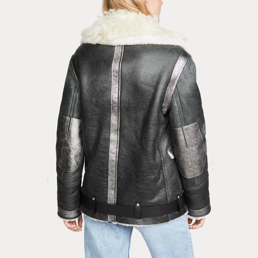 Black Oversized Shearling Aviator Leather Jacket