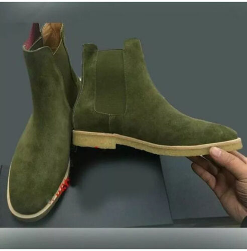 Handmade Men Green Suede Shoes, Men Dress Leather Crepe Sole Chelsea Boots