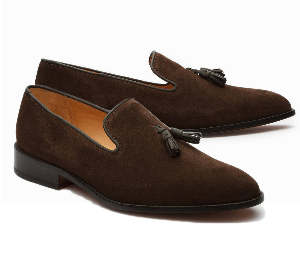 Plain Rounded Toe Brown Suede Leather Black Tassel Loafer Slip On Stylish Shoes