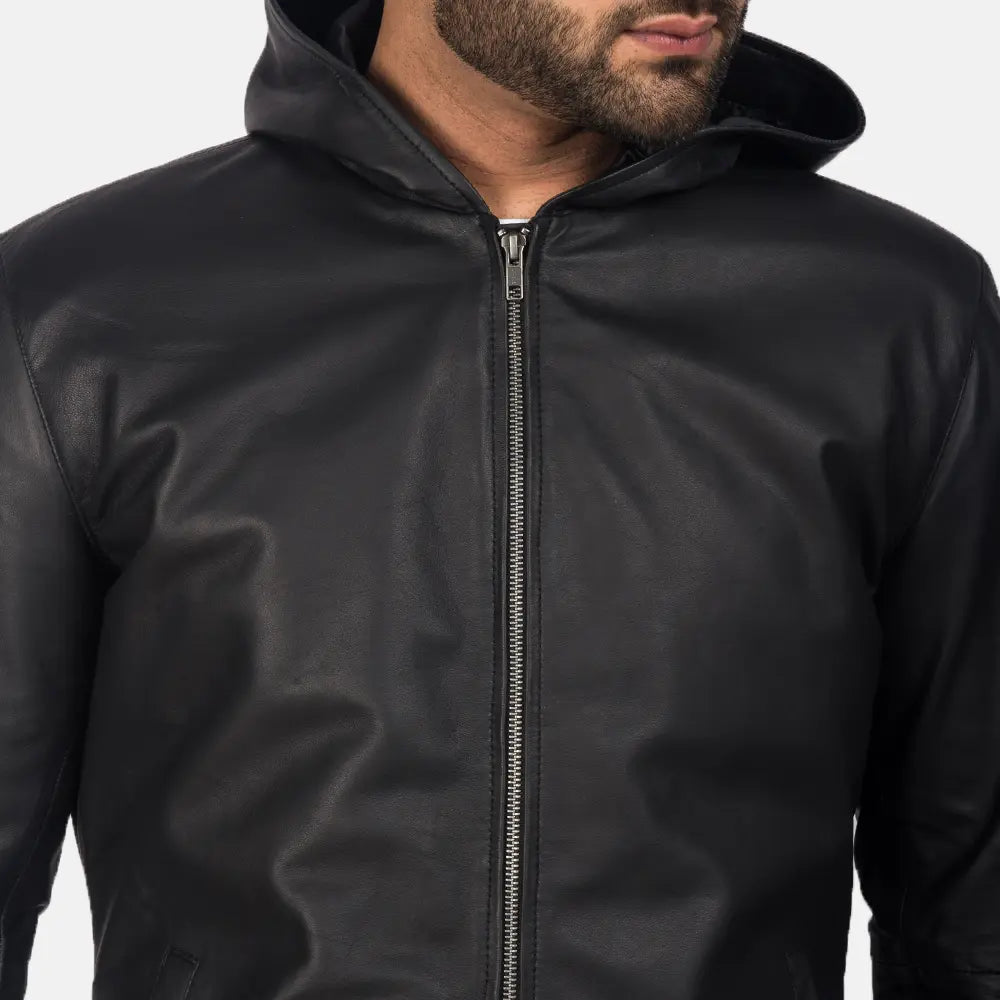 Andy Matte Black Hooded Leather Jacket - Kualited