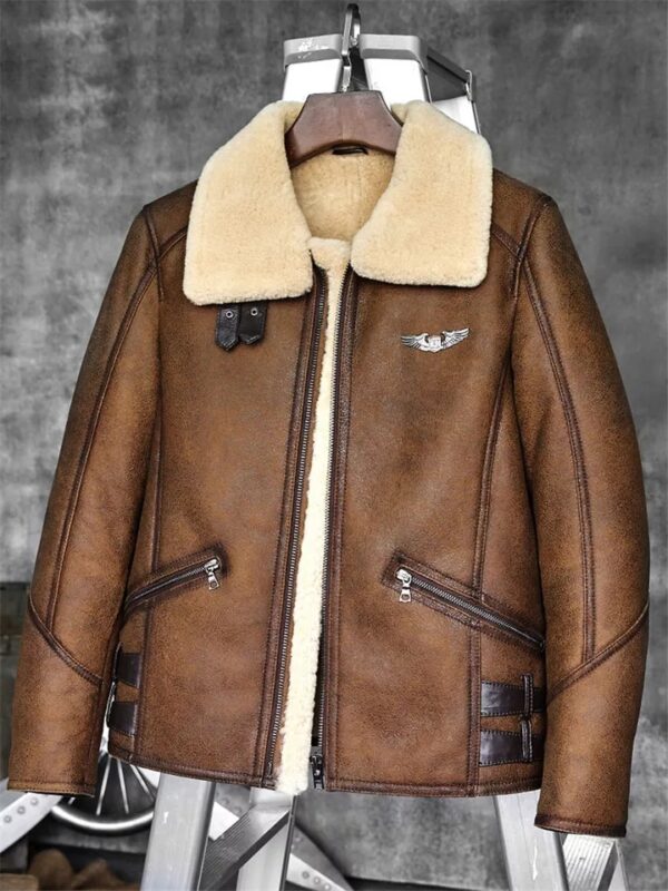 Men’s Aviator Camel Brown Leather Shearling Jacket - Kualited