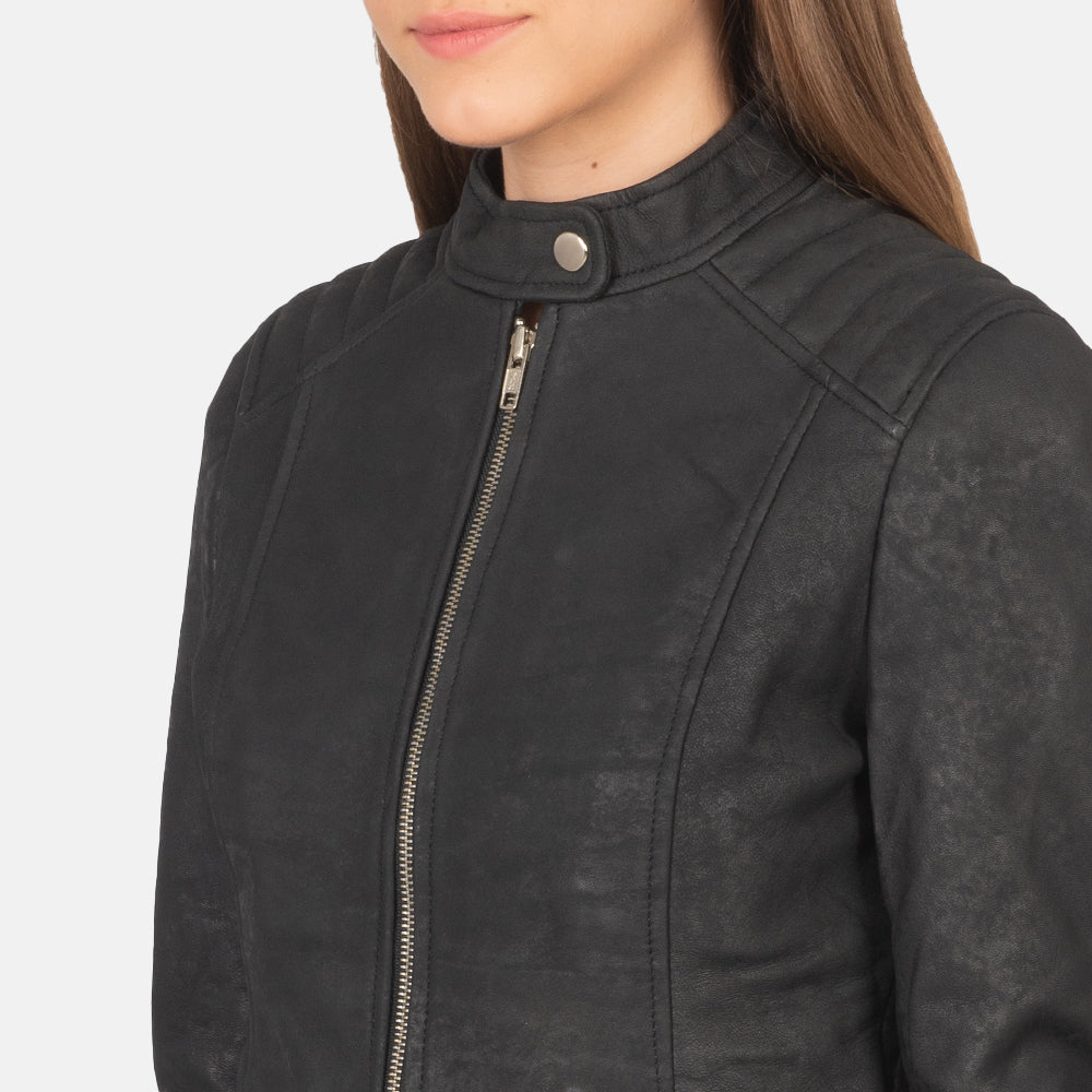 Kelsee Distressed Black Leather Biker Jacket - Kualited