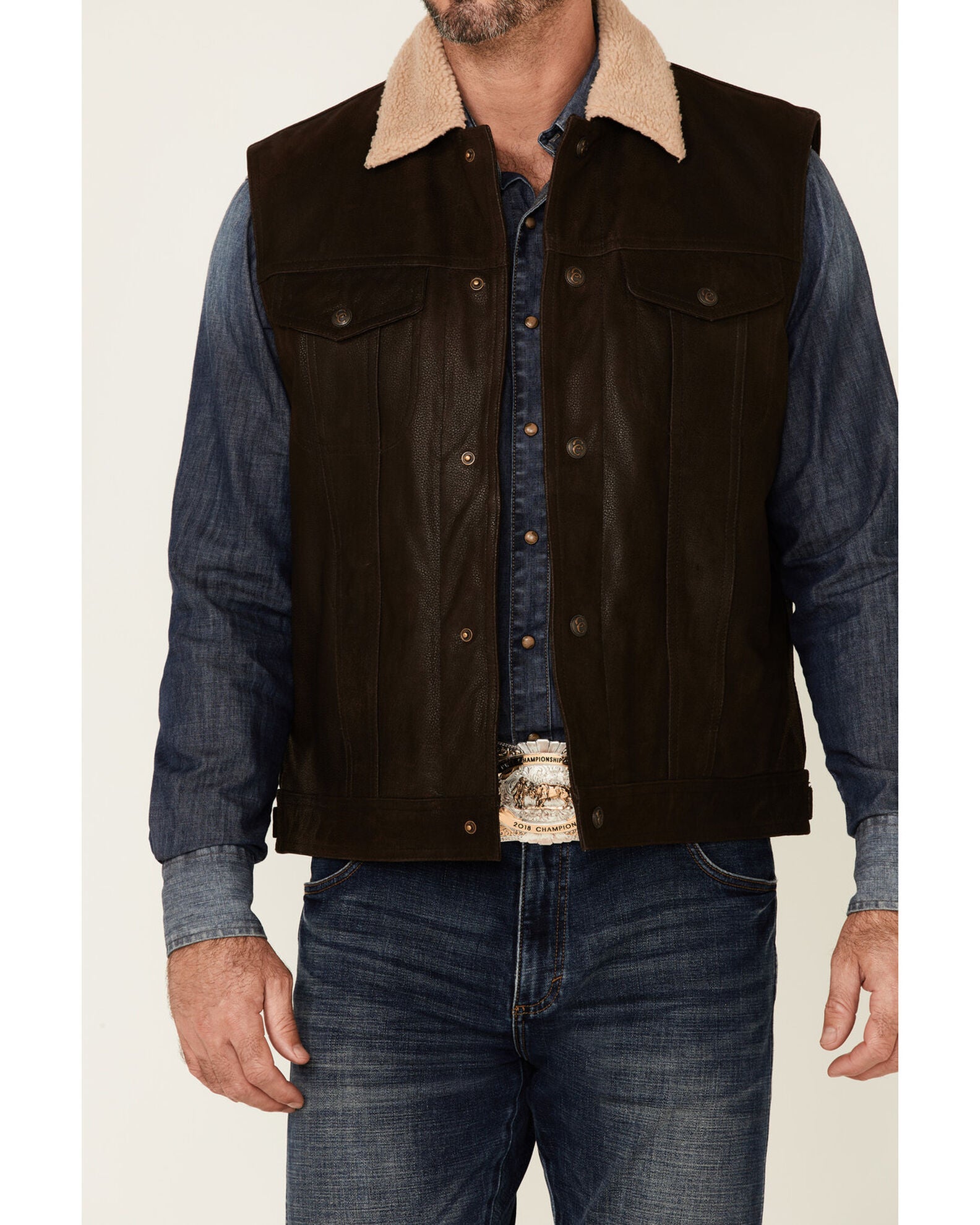 MEN'S MOCHA LIGHTWEIGHT BUFFALO NAPPA SNAP-FRONT LEATHER VEST