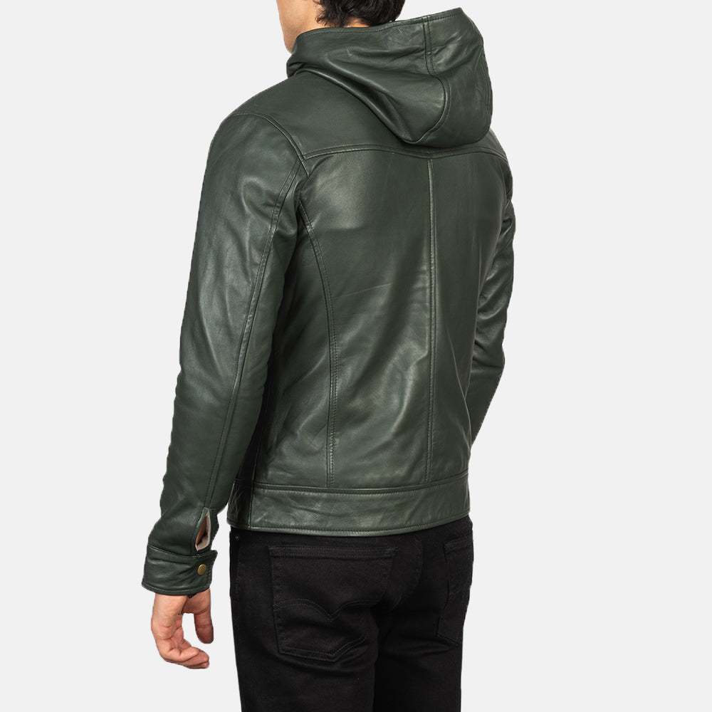 Baston Green Hooded Leather Bomber Jacket - Kualited