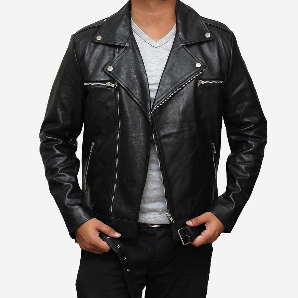 Negan Black Asymmetrical Belted Moto Leather Jacket For Men