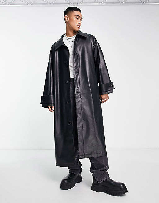 EXTREME OVERSIZED FAUX LEATHER LONGLINE OVERCOAT IN BLACK