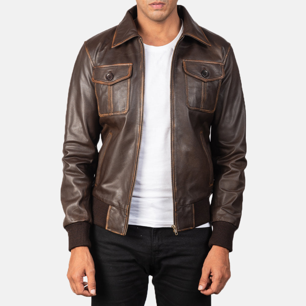 Aaron 100% Pure Genuine Real Leather Brown Leather Bomber Jacket