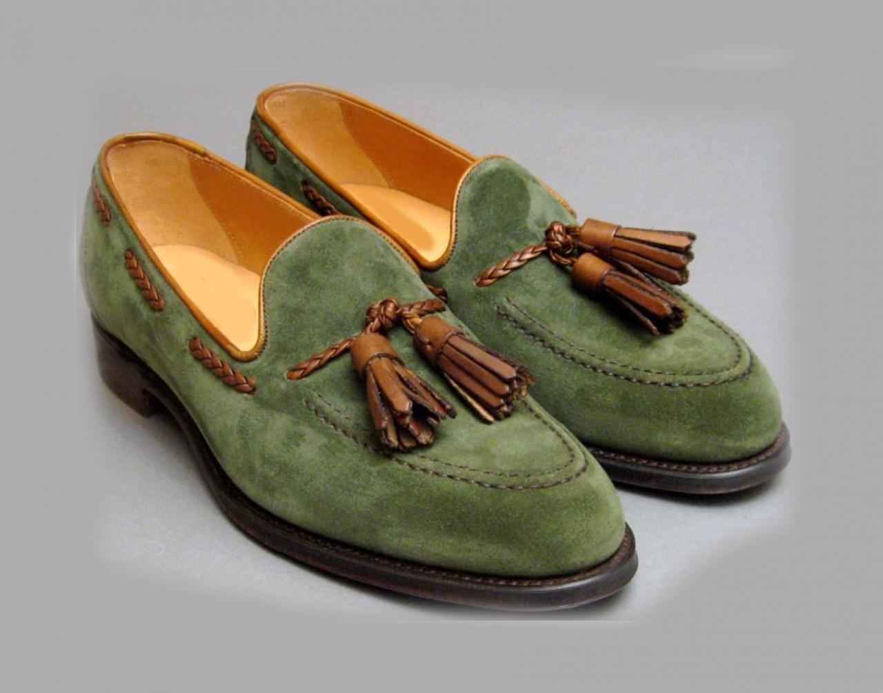 Apron Toe Green Color Handmade Premium Leather Tassel Loafer Slip Ons Men Shoes