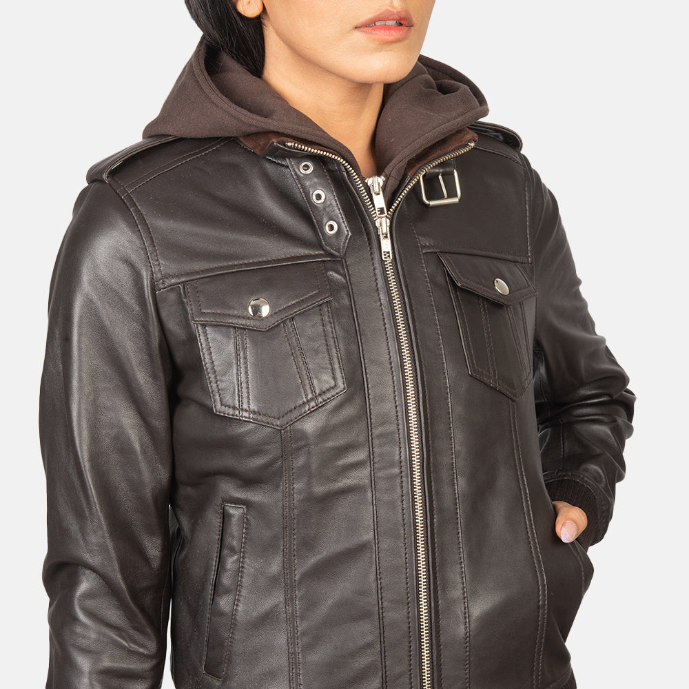 Roslyn Brown Hooded Leather Bomber Jacket - Kualited