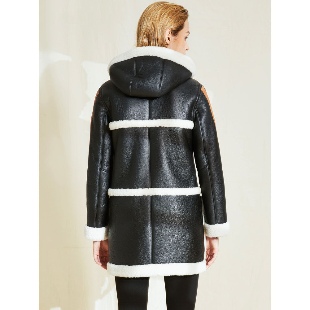 Womens B3 Bomber Sheepskin Shearling Coat in Black with Long Hooded