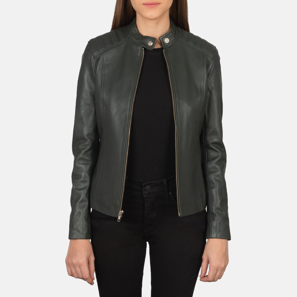 Kelsee Green Leather Biker Jacket - Kualited