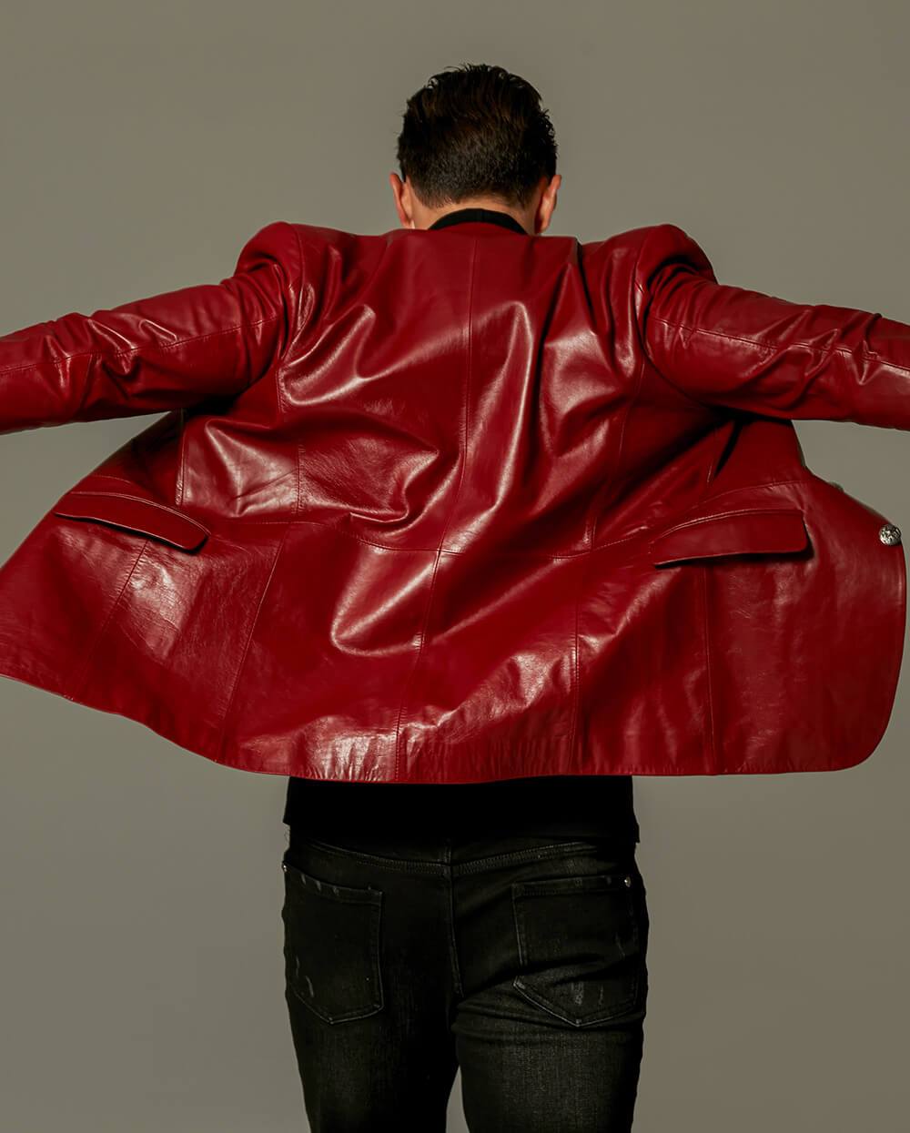 Classic Red Buttoned Goatskin Blazer Leather Jacket