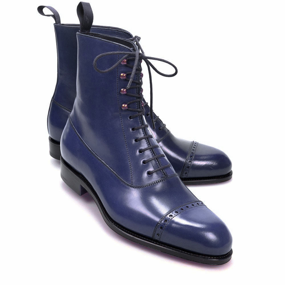 MEN HANDMADE PURE LEATHER SHOES NAVY BLUE LACE UP CAP TOE FORMAL ANKLE BOOTS