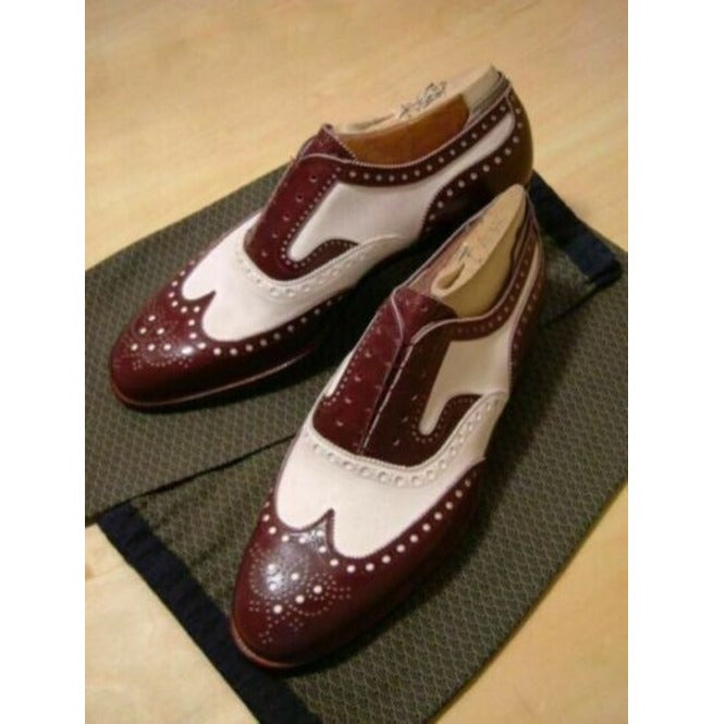 Handmade Brown & White Leather Lace up Brogue Shoes for Men’s