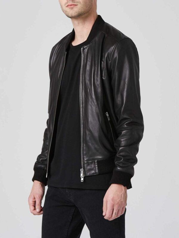 Men’s Black Leather Bomber Jacket Double Zipper - Kualited