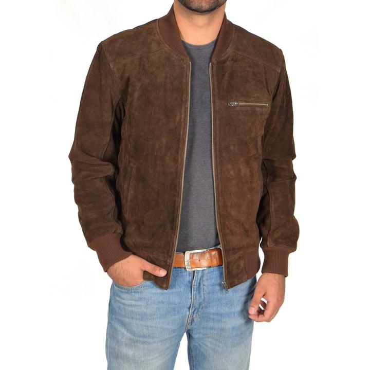 Suede Leather Bomber Jacket Chocolate Brown For Men - Kualited