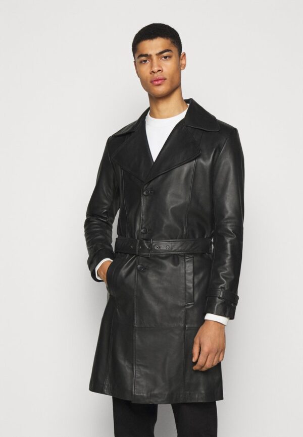 Men’s Black Leather Button Downed Trench Coat - Kualited