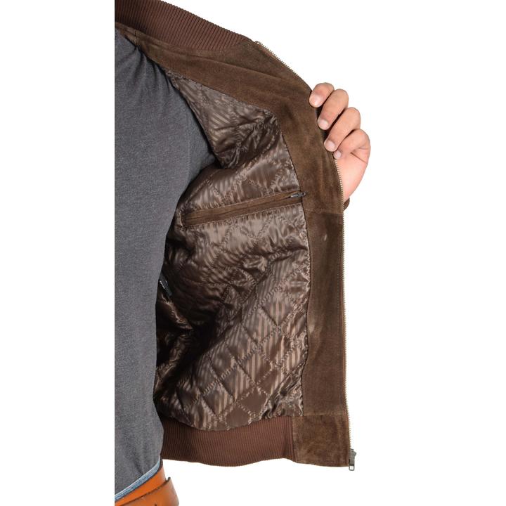 Suede Leather Bomber Jacket Chocolate Brown For Men - Kualited