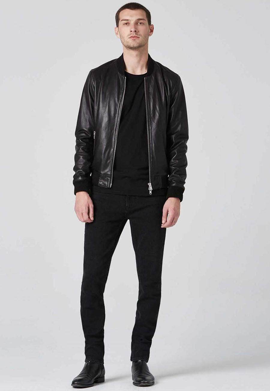 Stylish Men's Black Leather Bomber Jacket with Dual Zipper Design