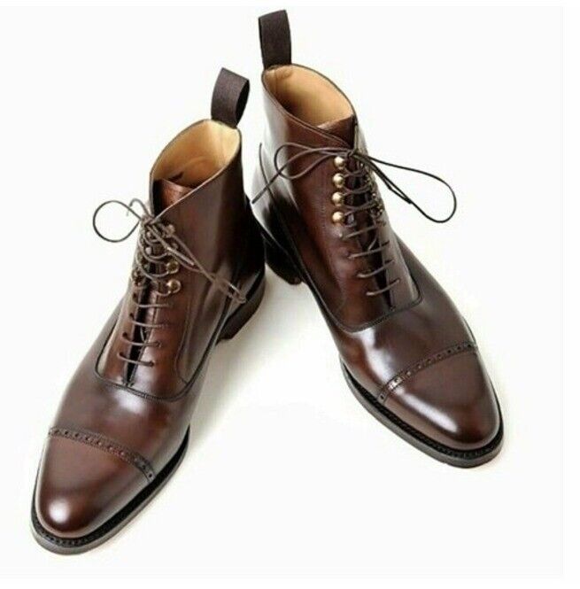 Handmade Men Brown Cap Toe Ankle Dress Boot, men lace up style formal boots