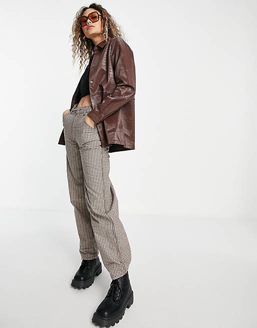 Leather look croc shacket in chocolate brown