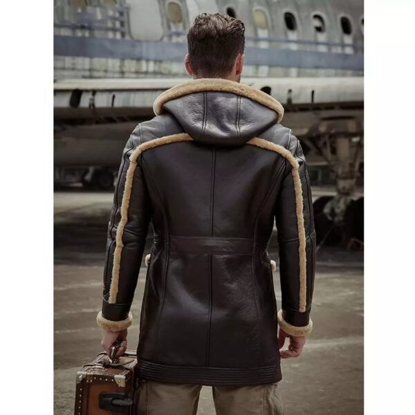 Men’s Dark Brown Leather Shearling Hooded Long Coat - Kualited